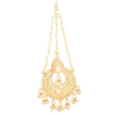 Imagem de Touchstone New Contemporary Kundan Collection Indian Bollywood Mughal Floral Kundan Look Faux Pearl Beads Broad Bridal Jewelry Maangtika e Jhumar em tom dourado para mulheres