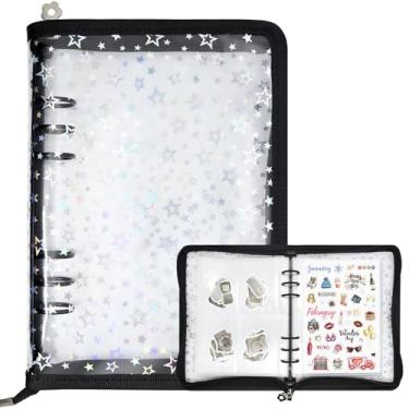 Imagem de Ruatu Pasta organizadora de adesivos A5 para colecionar adesivos, álbum reutilizável com zíper com capa de estrela a laser transparente e páginas de bolso (preto)