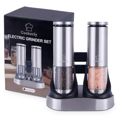 Imagem de Conjunto de moedor elétrico de sal e pimenta base recarregável, conjunto de saleiro e pimenteiro elétrico automático de aço inoxidável, luz LED, capacidade de 95 ml, recarregável, 6 níveis de grossura