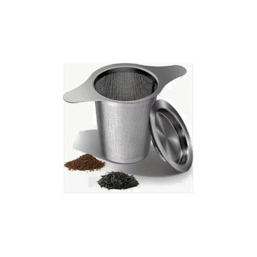 Imagem de Infusor de Chá Tipo Cesta em Aço Inoxidável com Alça de Silicone, Tampa, 7cm Altura x 10,5cm Diâmetro, 50g Capacidade