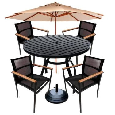 Imagem de Kit Mesa Ripada 1,20m + 4 Cadeiras Amélia E Guarda Sol Área Externa Ja