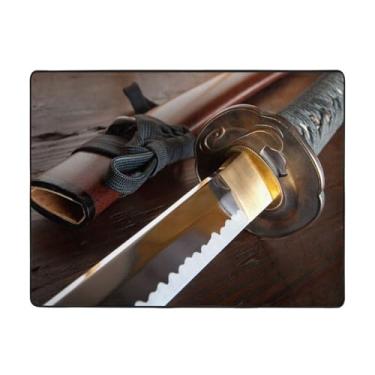 Imagem de ZERAOKE Tapete de área de espada samurai japonesa 48 x 63 polegadas, lavável na máquina com suporte antiderrapante, tapetes macios para sala de estar, quarto, entrada, quarto de crianças, decoração de