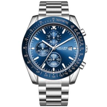 Imagem de SOLLEN Relógio masculino com cronógrafo, analógico de quartzo, relógio de aço inoxidável com calendário, à prova d'água 30 m, negócios, trabalho, vestido casual, designer de relógios de pulso