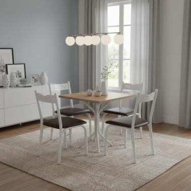 Imagem de Mesa de Aço Quadrada com 4 Cadeiras de Jantar Pequena Branco - Branco e Carvalho