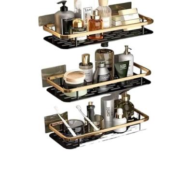 Imagem de Prateleiras Para Casa De Banho Sem Furos - Prateleiras Autoadesivas E AcessóRios(KIT 3 -Retangular -Ouro negro)
