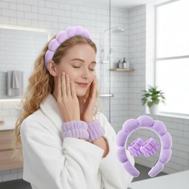 Imagem de Conjunto de faixa de cabeça e pulseiras de spa para lavar o rosto - faixa de cabelo macia de spa, faixas de cabelo de maquiagem para cuidados com a pele para pia de banheiro