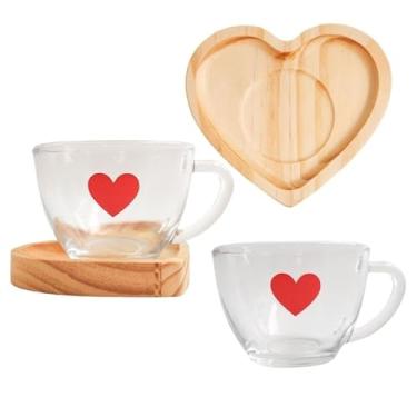 Imagem de Jogo Xícaras Café Chá com Pires Madeira Coração Rosa Presente Criativo Mesa Posta Cantinho do Café (2 Xic. CHÁ Vermelha + Pires)