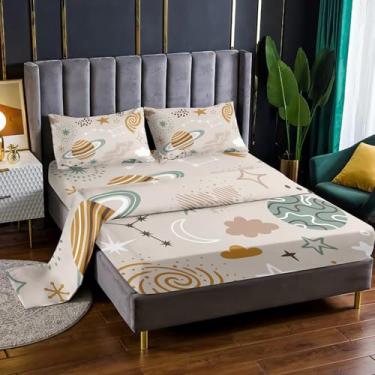 Imagem de Nttopship Space Jogo de cama casal com 4 peças, planeta e nuvens, com bolsos profundos de 40,6 cm, decoração de quarto, 4 peças (1 lençol + 1 lençol + 2 fronhas)