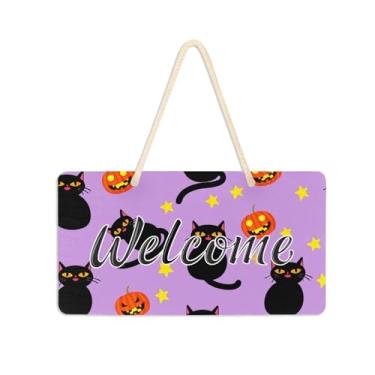 Imagem de Burbuja Placa de boas-vindas Pumpkins Black Cats para porta da frente, placa de boas-vindas de PVC para decoração de férias, 15 x 28 cm