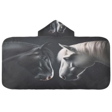 Imagem de Burbuja Toalha de banho com capuz de cavalo preto e branco para crianças, toalha de praia de pelúcia macia absorvente para meninas e meninos 3-10 anos, 61 x 127 cm