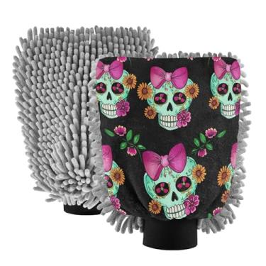 Imagem de STAYTOP Luvas de lavagem de carro de caveira fofas, 2 peças, luvas de microfibra de chenille, sem arranhões, panos de esponja de lavagem ultra absorventes para carros, limpeza doméstica - G
