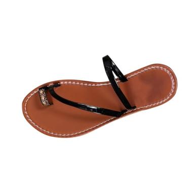Imagem de Sandálias femininas confortáveis de uso preguiçoso com design de laço no dedo do pé para o verão casual, ideal para uso na praia ao ar livre e interno com sola plana de material PU, Preto, 34