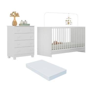 Imagem de Berço 3 Em 1 Com Colchão Incluso E Cômoda 4 Gavetas Sol Multimóveis MP4776 Branco