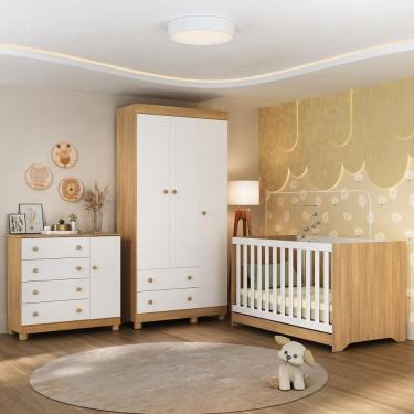 Imagem de Quarto De Bebê Completo Com Berço Americano 3 Em 1 Allegra Multimóveis MP4590 Madeirado-branco
