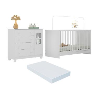 Imagem de Berço 3 Em 1 Com Colchão Incluso E Cômoda 1 Porta 4 Gavetas Sol Multimóveis MP4752 Branco