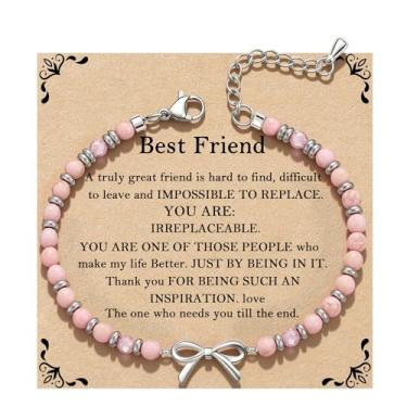 Imagem de QILMILY Pulseira de onda/laço/cruz para mulheres, pulseiras coloridas com contas de pedra natural, presente de amizade exclusivo para melhor amiga, irmã e mãe, presentes de aniversário para mulheres