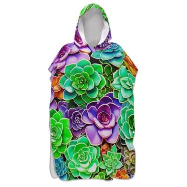 Imagem de Poncho de surfe trocador de roupão adulto com capuz toalha de natação bonito absorvente masculino poncho com capuz plantas suculentas coloridas