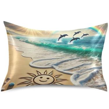 Imagem de Capa de almofada de cetim costeira de verão praia oceano capa de almofada refrescante floral padrão Queen King decoração de quarto estética, tamanho king, 101,6 cm x 50,8 cm