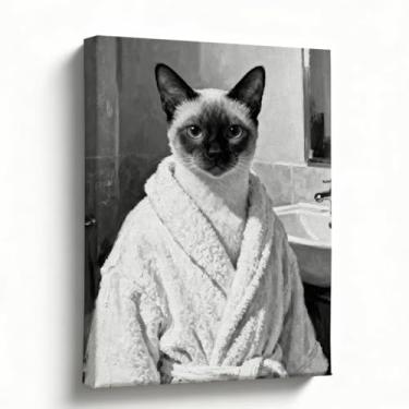 Imagem de Arte de parede de banheiro, impressão em tela de gato engraçado, siamês preto e branco em roupão de banho, decoração de banheiro de fazenda moderna, humor de banheiro de lavabo, arte de banheiro de
