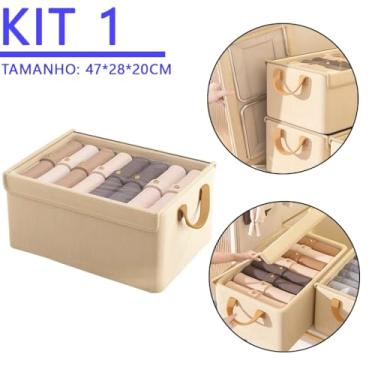 Imagem de Caixa Organizadora Dobrável Premium para Roupas – Organizador de Guarda-Roupa com Tampa Anti Poeira Empilhável(KIT 1UN【Cáqui】)