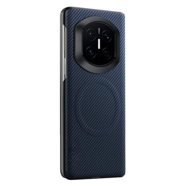 Imagem de POYUFRG Capa magnética para Huawei Mate X7, capa de couro fina de luxo com padrão de fibra de carbono para janela de visualização inteligente, capa para celular, azul, Mate X7