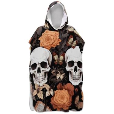 Imagem de Joisal Caveiras flores borboletas poncho de surfe preto para adulto trocador absorvente masculino poncho com capuz toalha de banho com capuz de praia