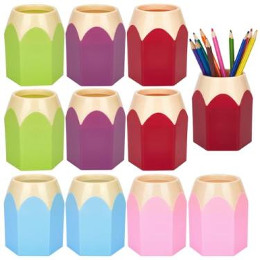 Imagem de AHANDMAKER Pacote com 10 porta-canetas em forma de lápis, copo de plástico de 5 cores, organizador de mesa, 9,5 cm de altura, para escritório, casa, sala de aula, professores, agradecimento, decoração