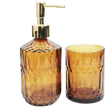 Imagem de Kit Jogo Para Banheiro Vidro Âmbar Dispenser E Copo