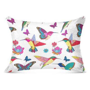 Imagem de Capas de travesseiro coloridas de flanela branca com beija-flores decorativas para travesseiro padrão Queen King capas de cama fofas extra macias, tamanho Queen, 51 x 76 cm