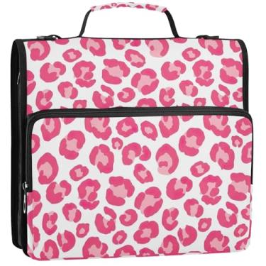 Imagem de Organizador de fichário com zíper rosa e manchas de leopardo branco, 3 argolas de 3,8 cm, bolsa grande para fichários escolares com alça de ombro, vários bolsos, pasta grande para portfólio, 34,5 x