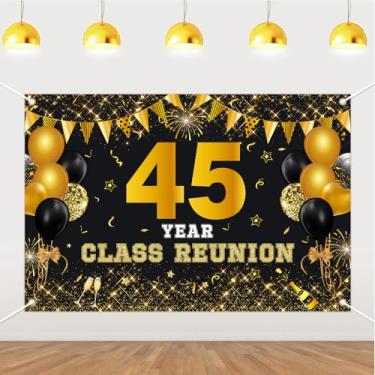 Imagem de JOYMEMO Pano de fundo de reunião de classe de 45 anos de 1,5 x 0,9 m - preto e dourado 45ª reunião escolar decorações, fundo fotográfico para escola primária, universidade, bem-vindo de volta