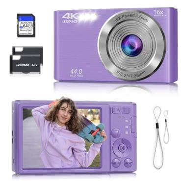 Imagem de Câmera digital, câmera 4K com foco automático para fotografia com cartão de 64 GB, câmera digital compacta portátil de 44 MP para adolescentes adultos e crianças iniciantes com zoom de 16x
