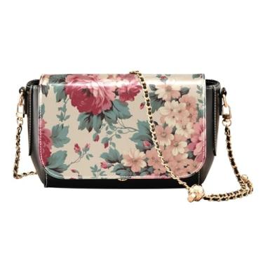 Imagem de Peônias em um verde bolsas transversais de couro femininas, bolsas transversais de couro para mulheres, bolsas de ombro com compartimentos, Floral vintage em rosa e bege - 2, One Size