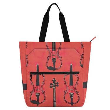 Imagem de GAIGEO Bolsa feminina com estampa vermelha de música de violino, escola, trabalho, reutilizável, com zíper, para amantes de livros