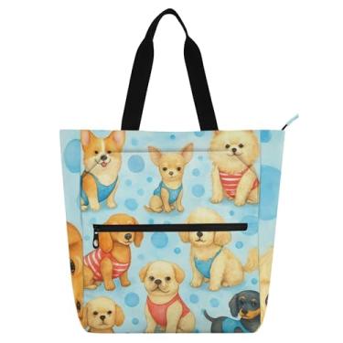 Imagem de GAIGEO Sacolas femininas azuis de desenho animado fofas para trabalho de lona escolar com zíper bolsa de professor com compartimentos