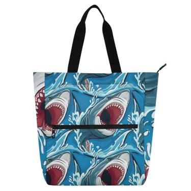 Imagem de GAIGEO Sacola feminina azul Sharks para trabalho de lona escolar com zíper bolsa de professor com compartimentos