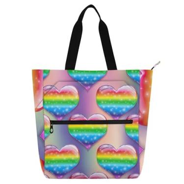 Imagem de Sacola feminina com corações coloridos arco-íris brilhante bolsa de trabalho lona praia escola bolsa feminina bolsas infantis livro amante presente