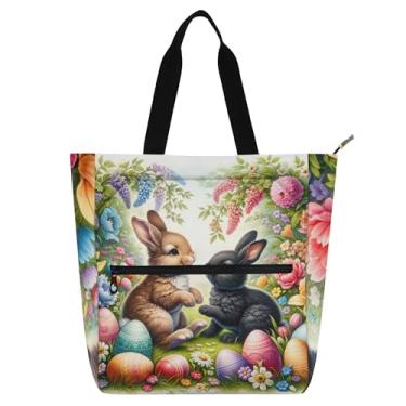 Imagem de Sacola divertida de coelhinhos da Páscoa para crianças e mulheres, bolsa com zíper floral, estampa de animal fofo, escola, trabalho