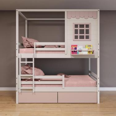 Imagem de Beliche Casinha 2 Gavetas Rosa Madeira Maciça Housin