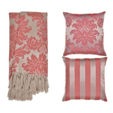 Imagem de Kit Manta para Sofá Jacquard 1.8x1.4m + 4 Capas de Almofada 45x45cm - Conjunto Protetor e Decorativo com Franjas Artesanais(Vermelho e Dourado 216)