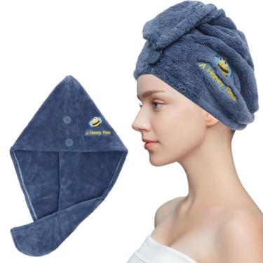 Imagem de Envoltório de toalha de cabelo, chapéu de cabelo seco macio de lã de abelha de desenho animado bordado, turbantes de cabelo super absorventes para cabelos cacheados longos e grossos, gerenciamento e