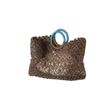 Imagem de TIOYW Bolsa de praia de palha feita à mão, bolsa de ombro tecida ráfia, ratã, compras, viagem, boêmia, trançada, bolsa casual, Marrom, One Size