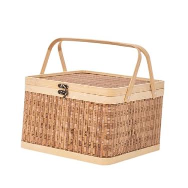Imagem de Baoblaze Cesta de bambu trançada para frutas, pães e outros alimentos. Organizadora portátil para lanches, frutas, pães, piqueniques e atividades ao ar livre, Quadrado