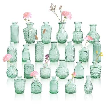 Imagem de GarDream Conjunto de 24 vasos de vidro verde-água, pequenos vasos vintage para centro de mesa, chá de bebê, mini vaso de flores decorativo a granel para férias, festa, chá de panela, casa