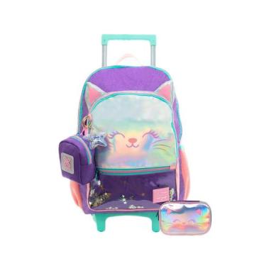 Imagem de Kit Escolar Mochila Rodinha + Estojo Box Gatinho Glitter - Xeryus