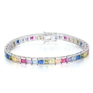 Imagem de TRENDOLLA Pulseira feminina banhada a ouro branco de 3 mm, cristal quadrado multicolorido multicolorido