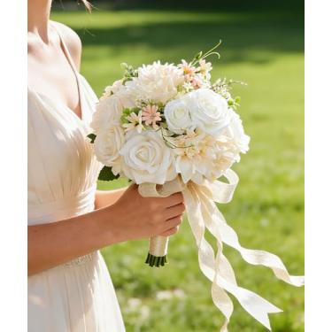 Imagem de YSOJMAN Buquê de noiva artificial marfim e creme de 21,7 cm - Arranjo floral rosa branca para noiva, dama de honra, festa de casamento, cerimônia e decoração de casa (marfim)