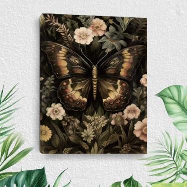 Imagem de Arte de parede em tela de borboleta vintage, pinturas de arte emolduradas de borboletas e flores, decoração de parede, estampa estética floral para cozinha, banheiro, quarto, decoração de casa