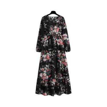 Imagem de Vestido Maxi Floral Feminino Primavera Verão Casual Manga Longa Decote