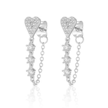 Imagem de Brinco Coracao Cravejado Com Tres Pontos De Luz E Corrente Penduradas-Unissex